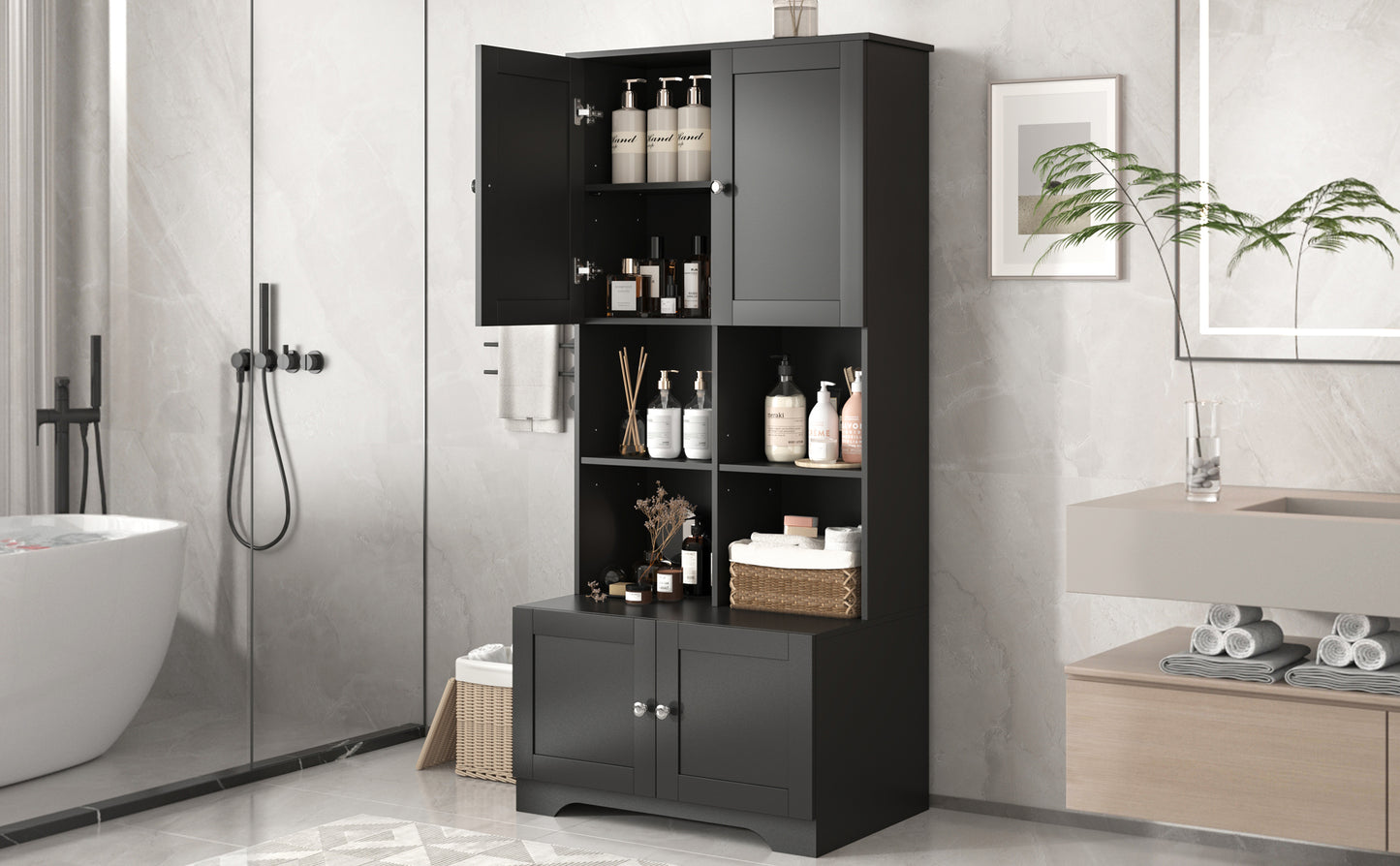 Bathroom storage cabinet, 4-door independent cabinet, adjustable shelf, open multi-layer shelf, black