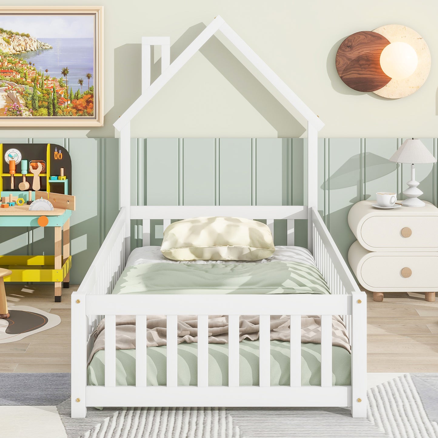 Twin House-Shaped Headboard Floor Bed with Fence White