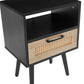 Rattan End table with Power Outlet & USB Ports Modern nightstand with drawer and solid wood legs black