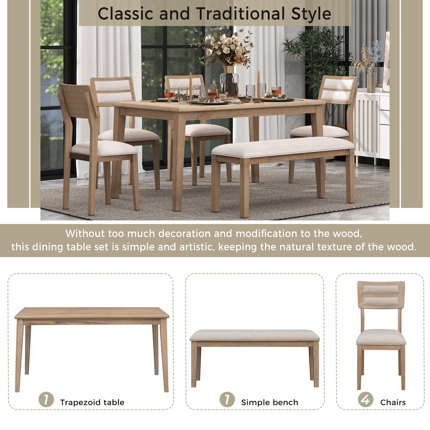 TREXM Classic 6-Piece Dining Set with Table, 4 Upholstered Chairs, and Bench, Natural Wood Wash