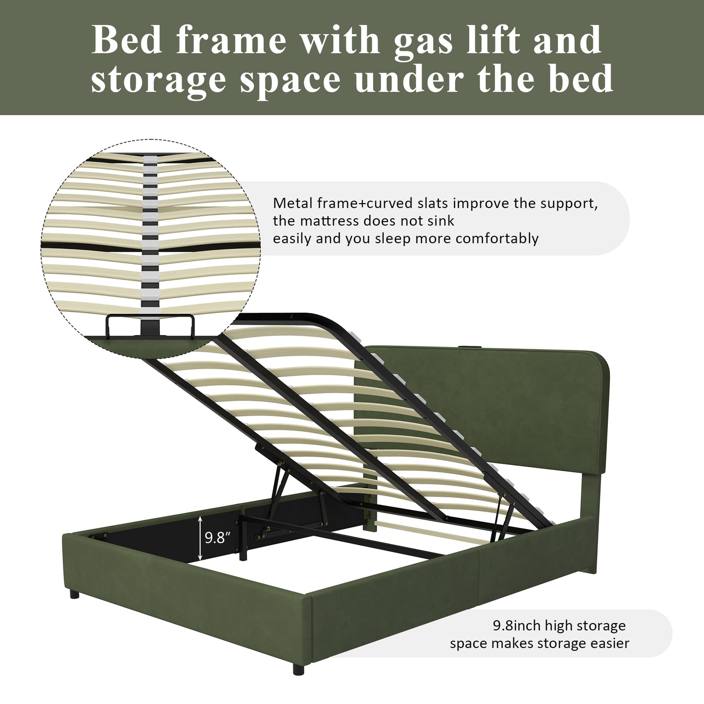 Large hydraulic storage bed with soft cushion lifting storage bed with RGB LED lights, Bluetooth speaker lychee velvet, green