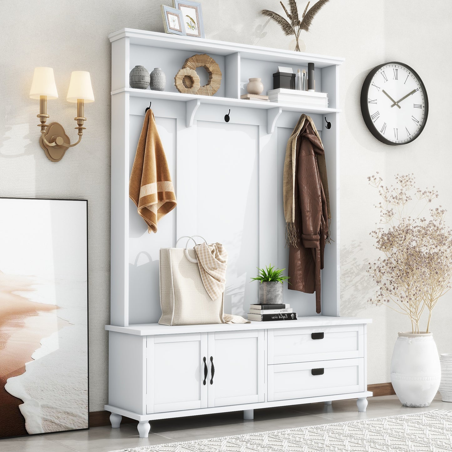 ON-TREND Modern Hall Tree with Storage Cabinet, 2 Large Drawers, and 5 Coat Hooks, White