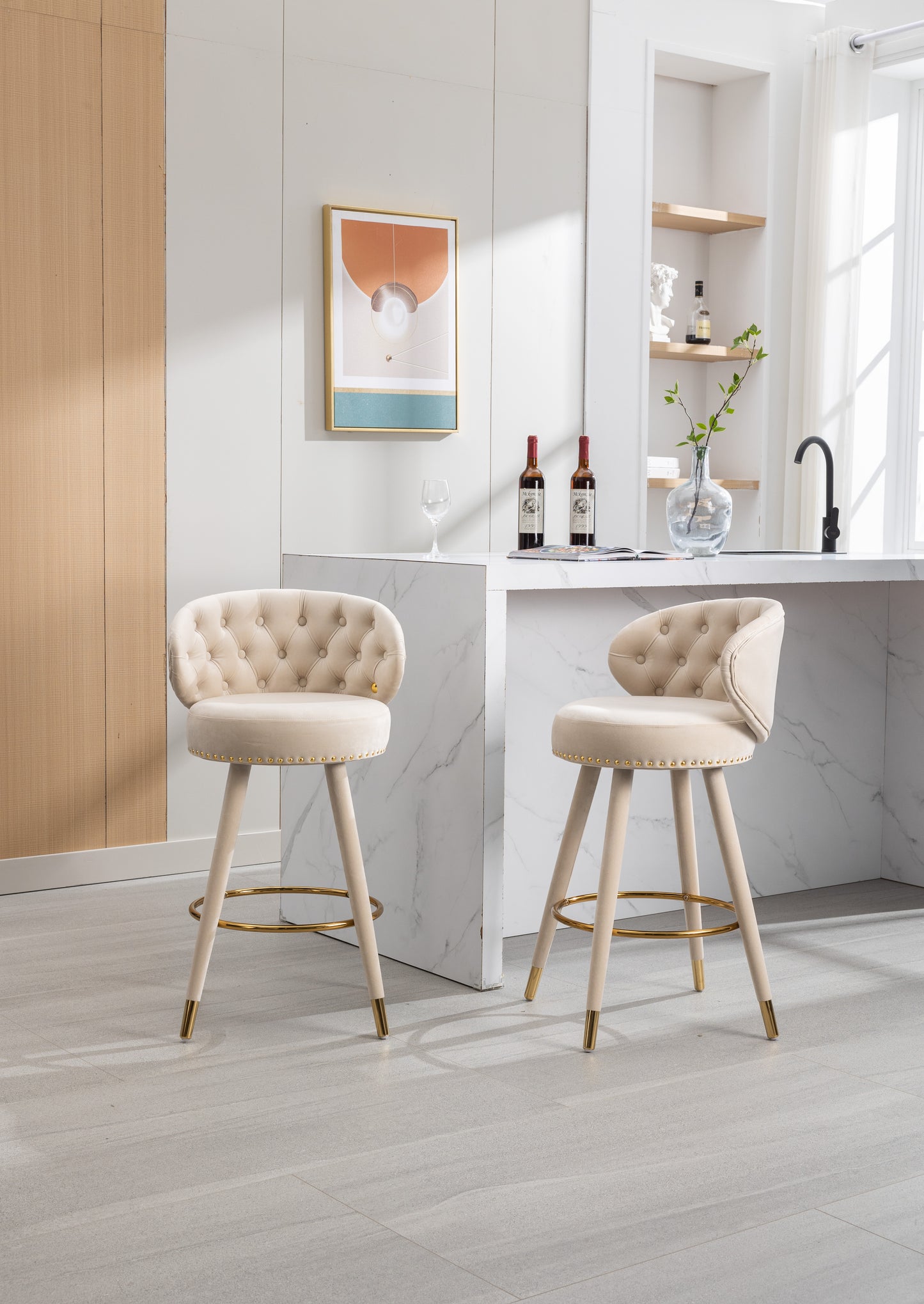 COOLMORE Counter Height Bar Stools, Set of 2 with Solid Wood Legs and 360-Degree Swivel, Beige Finish