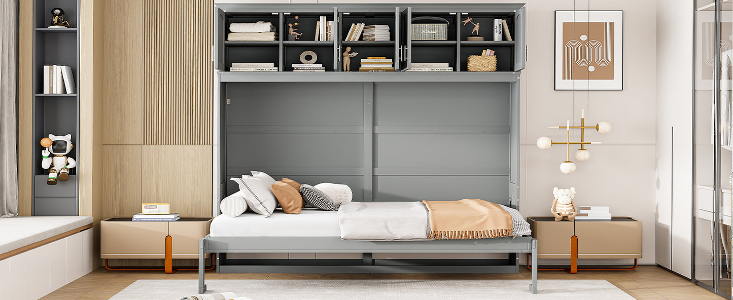 Full Size Murphy Bed Wall Bed with Top Cabinets, Gray Finish for Space-Saving Bedrooms