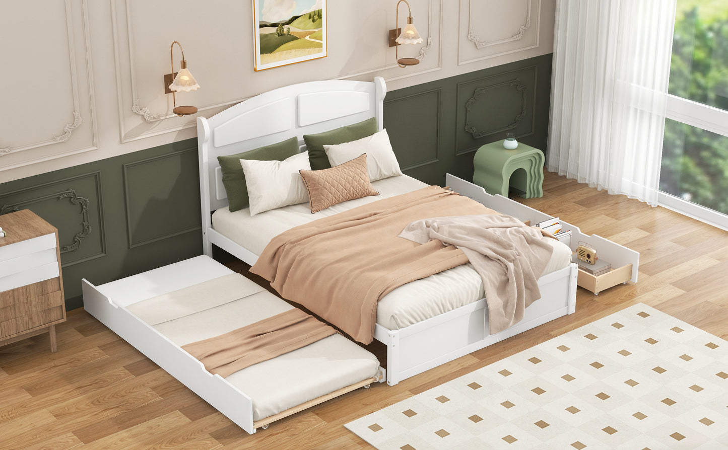 Wood Queen Size Platform Bed with Twin Size Trundle and 2 Drawers White