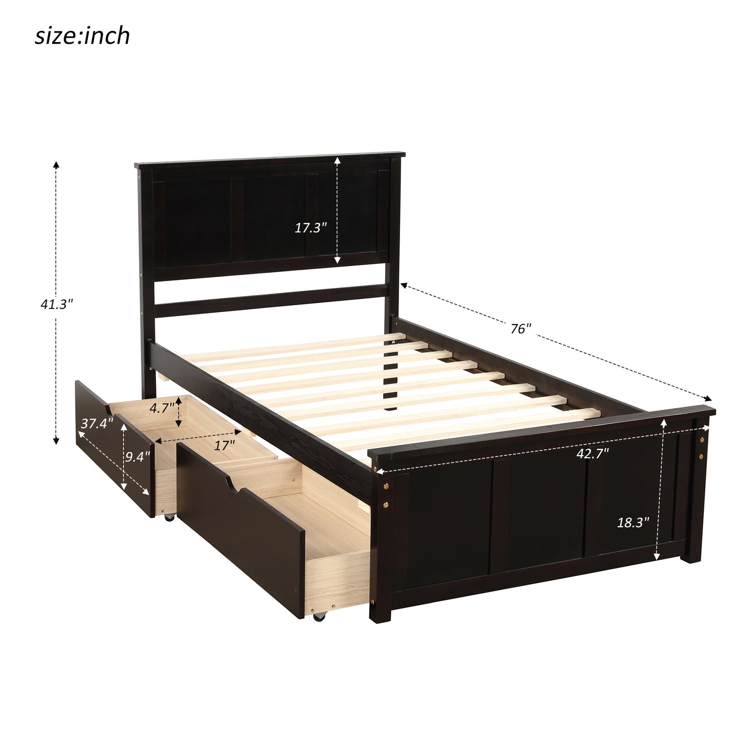 Platform Storage Bed  2 drawers with wheels  Twin Size Frame  Espresso