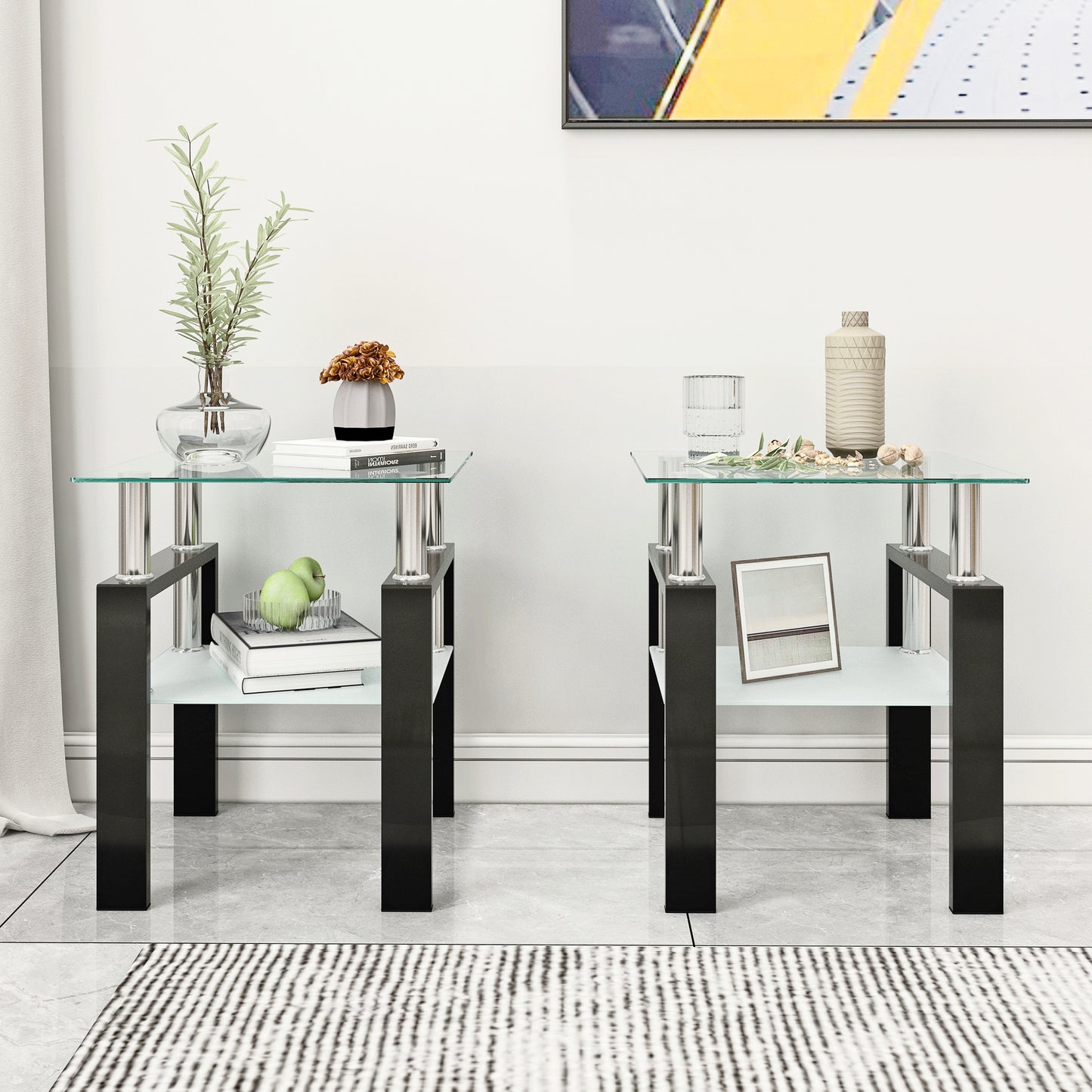 Set of 2 Modern Tempered Glass Tea Tables, Square Design for Living Rooms, Transparent/Black Finish