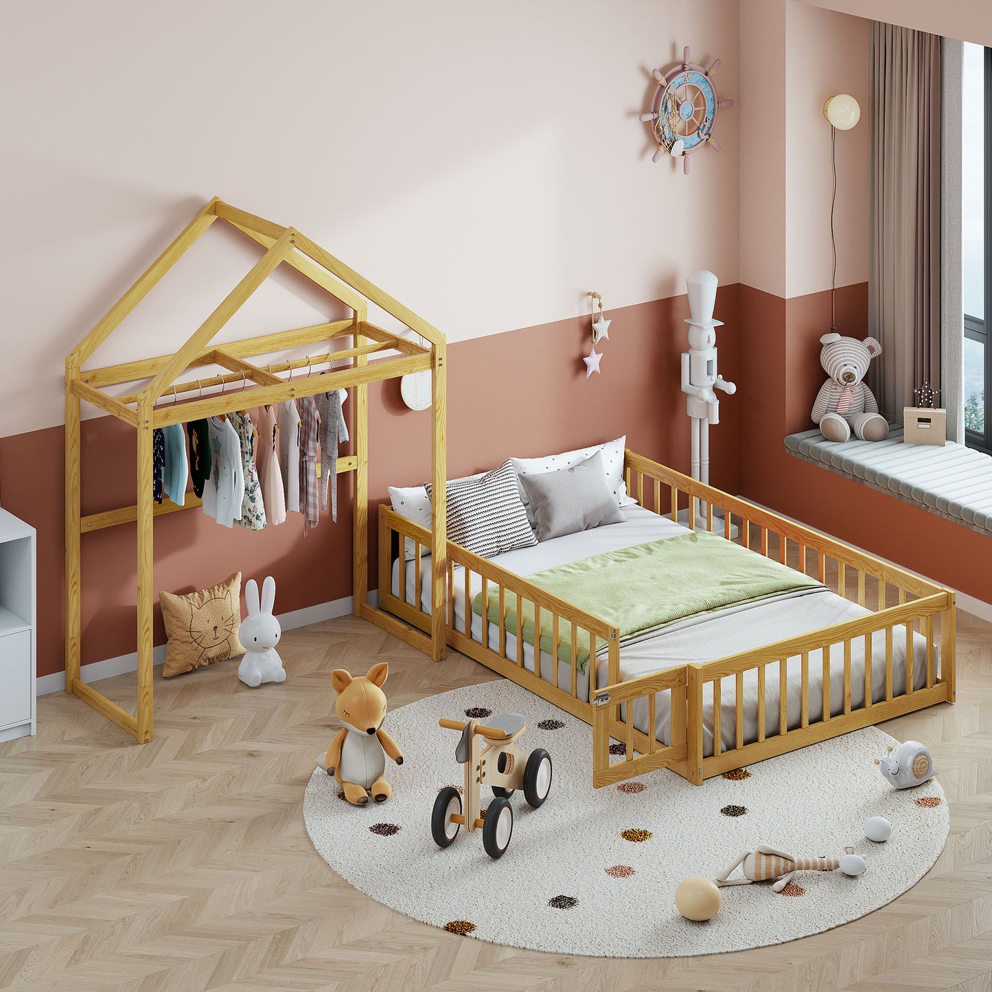 Wooden Full Size Children's Bed with Detachable Headboard and Integrated Clothes Drying Rack, Natural