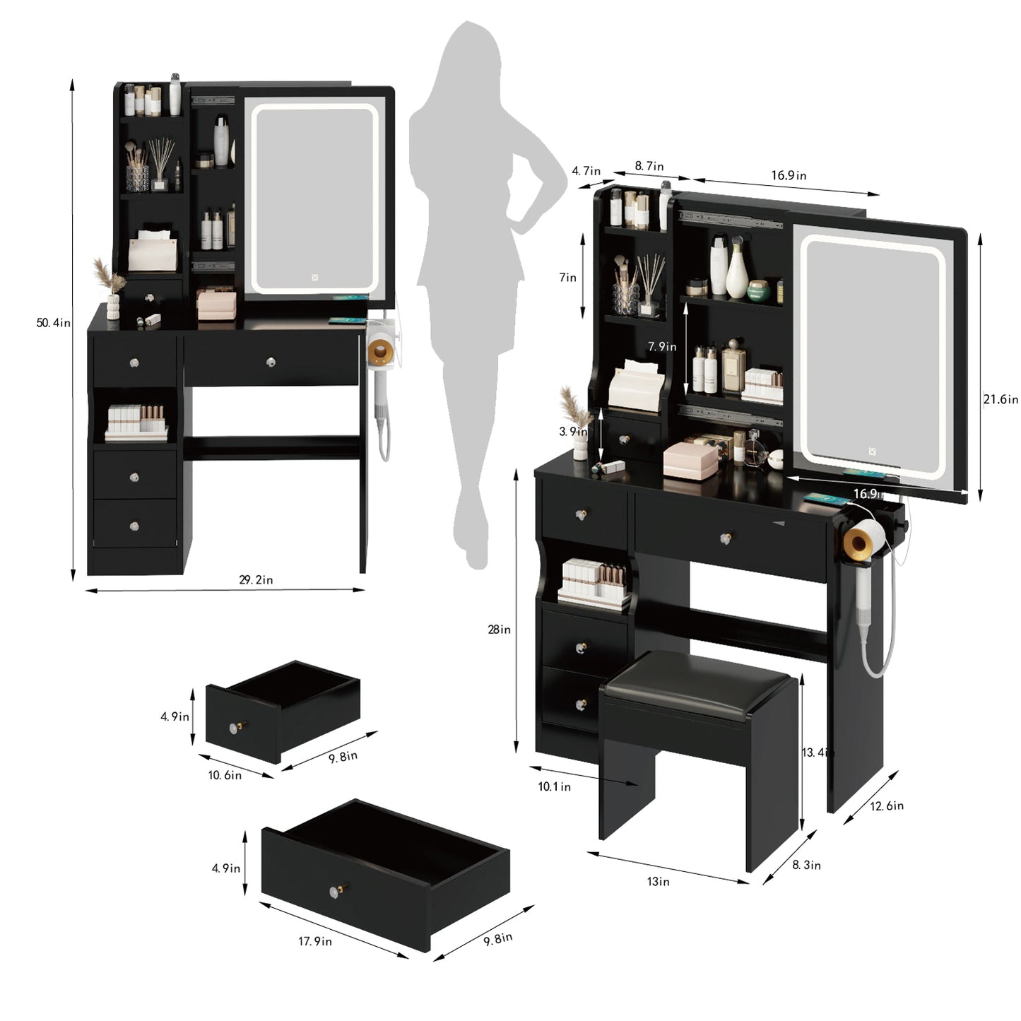 Left Drawer Desktop Vanity with Cushioned Stool, LED Mirror, and USB Power Stations