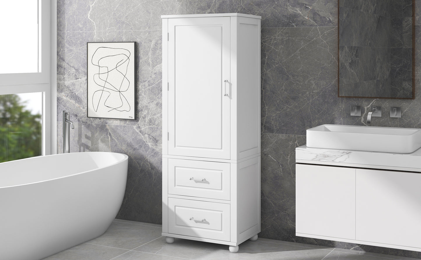 Tall Bathroom Storage Cabinet with 2 Drawers and Adjustable Shelf, White MDF Board Design