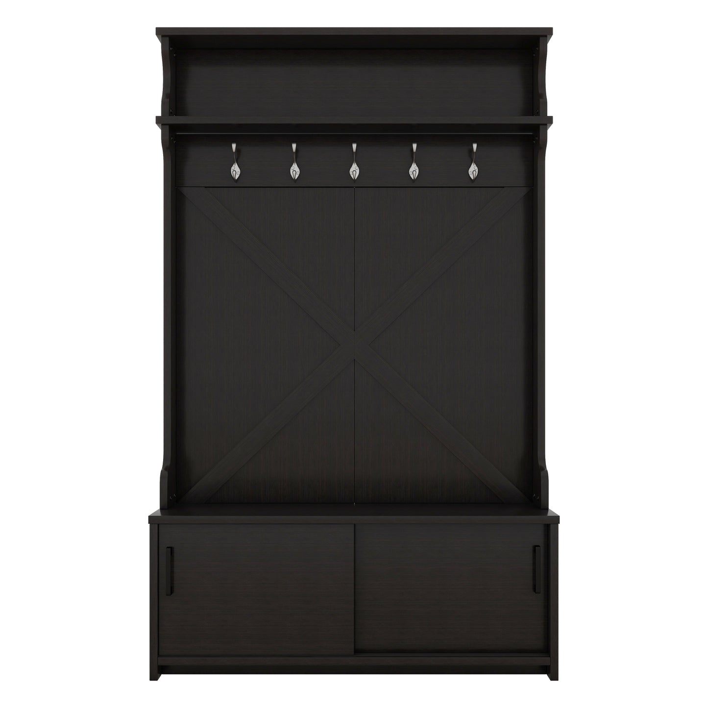 Hall Tree with Roof Rack and Storage Platform, Corridor Shoe Cabinet with Sliding Door and 5 Hooks, Black