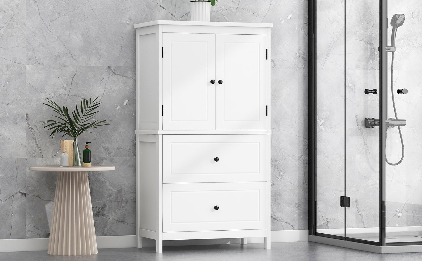 Bathroom Storage Cabinet, Cabinet with Two Doors and Drawers, Adjustable Shelf, MDF Board, White