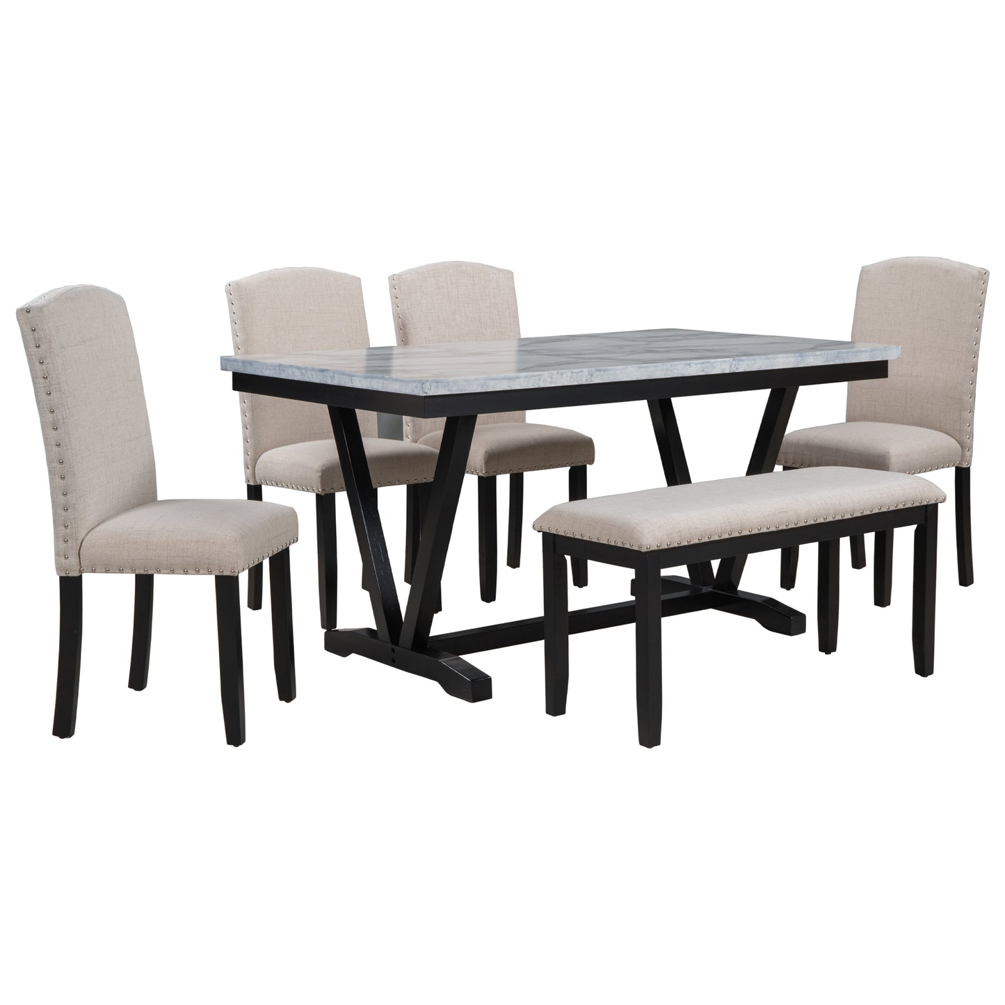 TREXM Modern 6-Piece Dining Table Set with 4 Chairs and 1 Bench, White Finish