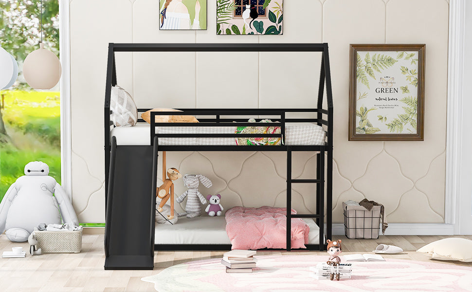 Twin over Twin House Bunk Bed with Ladder and Slide,Black