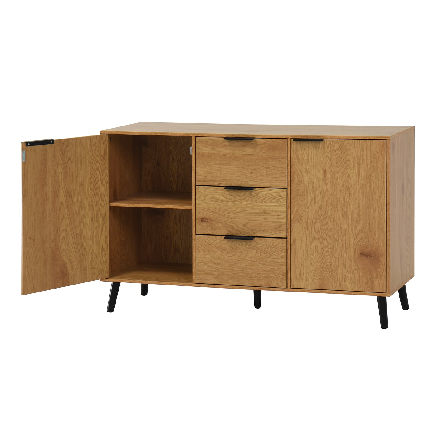 Mueble buffet con paneles laterales, 3 cajones y 2 puertas, acabado en madera natural para cocinas y comedores