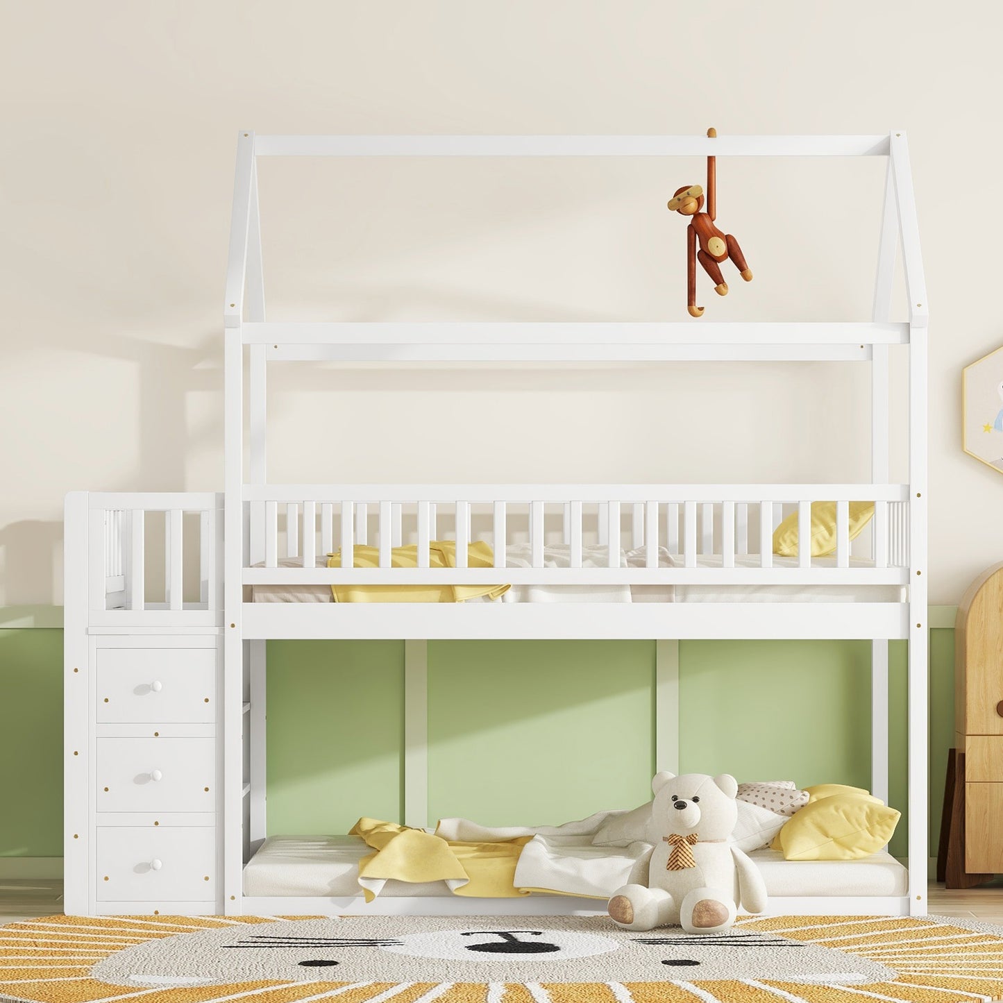 TWIN/TWIN HOUSE BUNK BED WITH SHELVES AND DRAWERS FOR WHITE COLOR