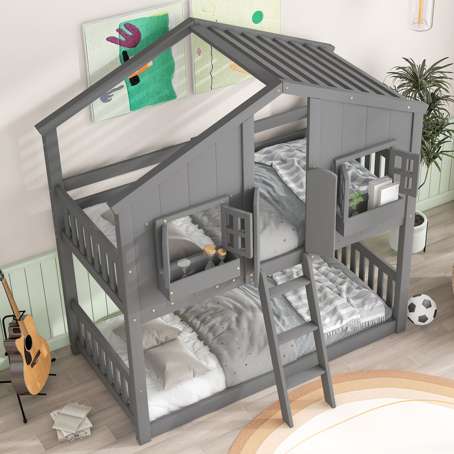 Twin over Twin House Bunk Bed with Roof , Window, Window Box, Door , with Safety Guardrails and Ladder, Grey