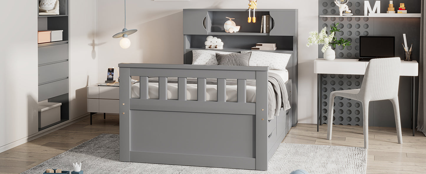 Twin Size Captain Platform Bed Frame with Storage Bookcases and Shelves,Four Drawers, Gray