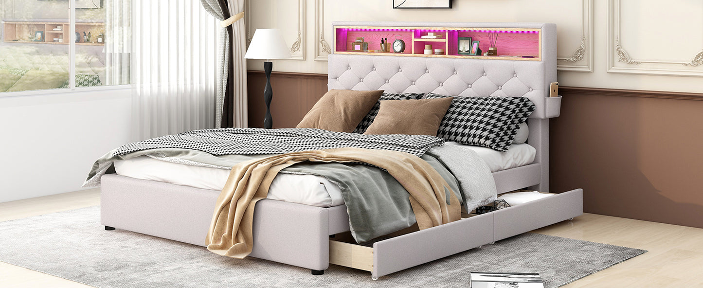 Cama tamaño queen tapizada con plataforma, cabecero con espacio de almacenamiento, luces LED, carga USB y 2 cajones, color beige