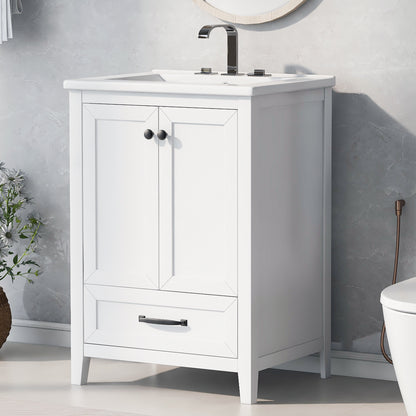 24" Bathroom Vanity with Sink, Solid Wood and MDF Cabinet with One Drawer and Doors, White Finish