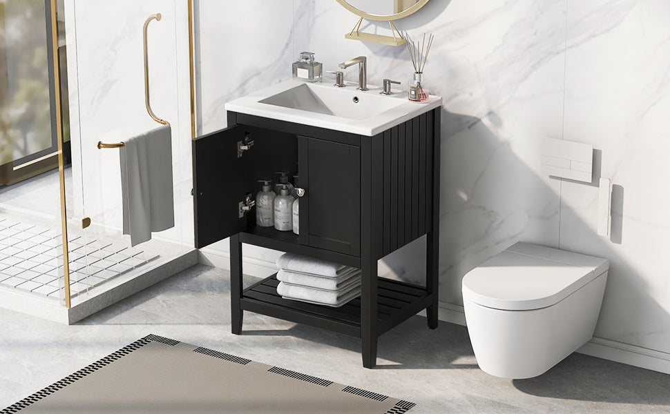 Black Modern Sleek Bathroom Vanity Elegant Ceramic Sink with Solid Wood Frame Open Style Shelf