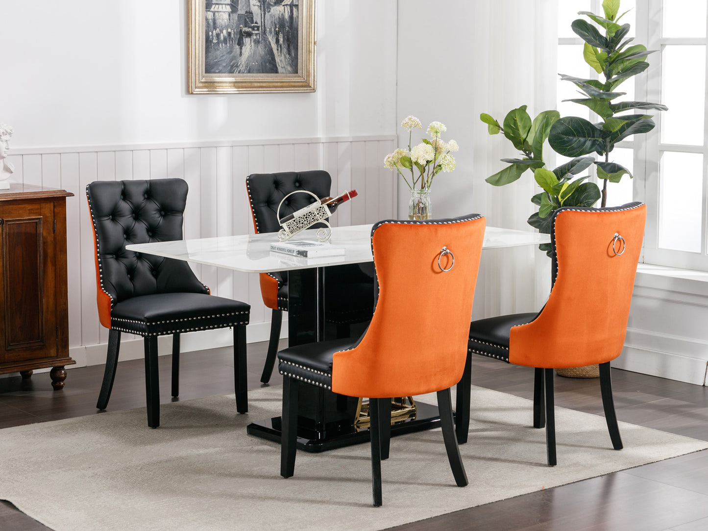 Tufted Solid Wood Contemporary PU and Velvet Upholstered Dining Chair with Wood Legs Nailhead Trim 2-Pcs Set Black+Orange