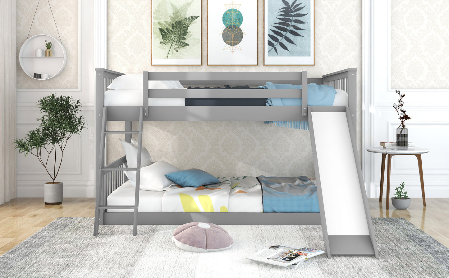 Full over Full Bunk Bed with Convertible Slide and Ladder  Gray