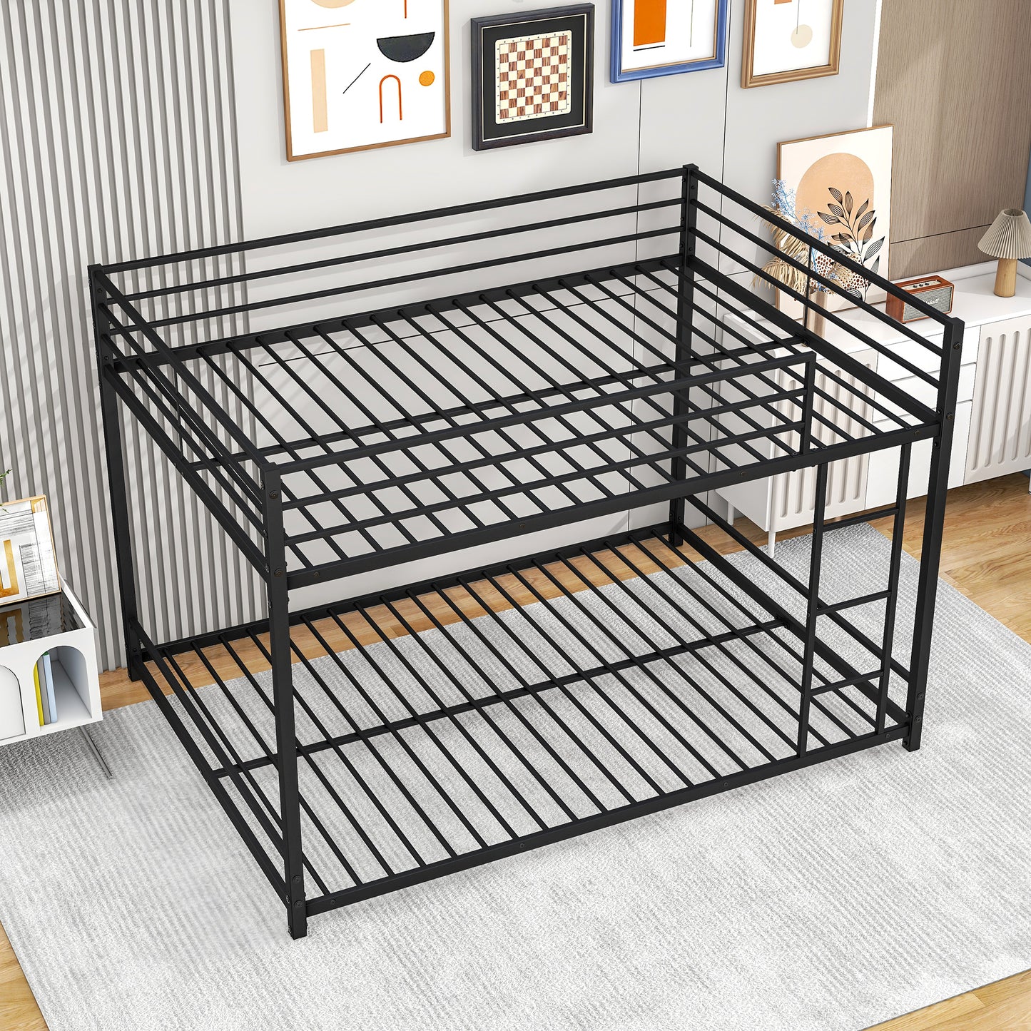 Metal Bunk Bed Full Over Full Bunk Bed Frame with Safety Guard Rails Heavy Duty Space-Saving Design Easy Assembly Black