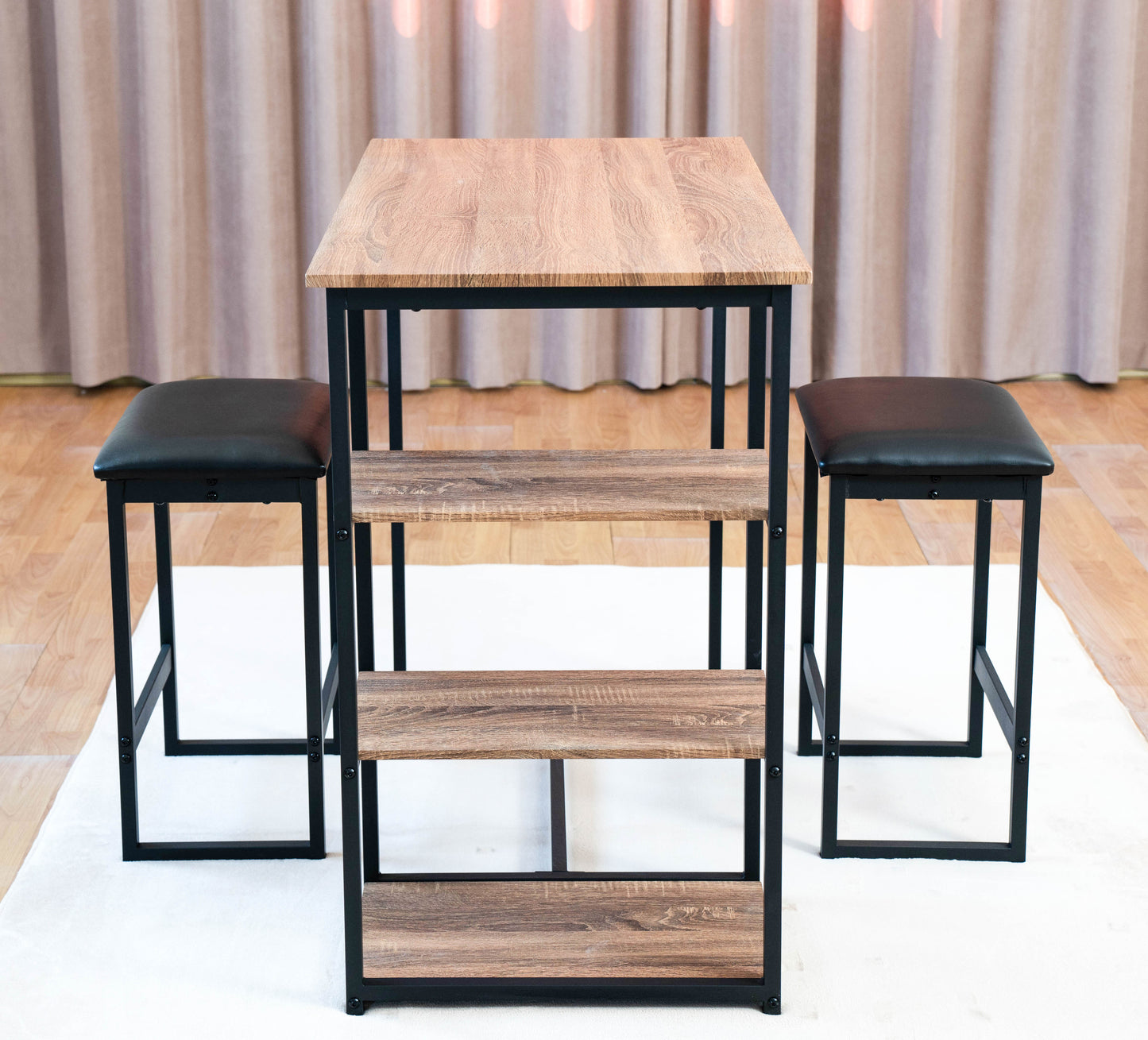 Modern 3-Piece Bar tabies and chairs Set with 2 Chairs for Dining Room Black Frame+Brown oak board surface+Black cushion