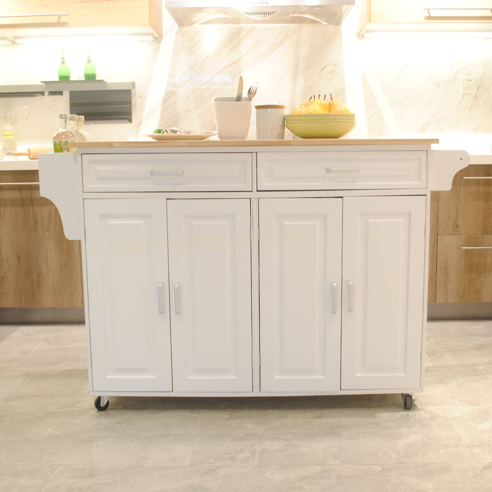 Kitchen Island and Cart, Mobile Design with Rubber Wood Leaf Countertop and Storage Cabinet