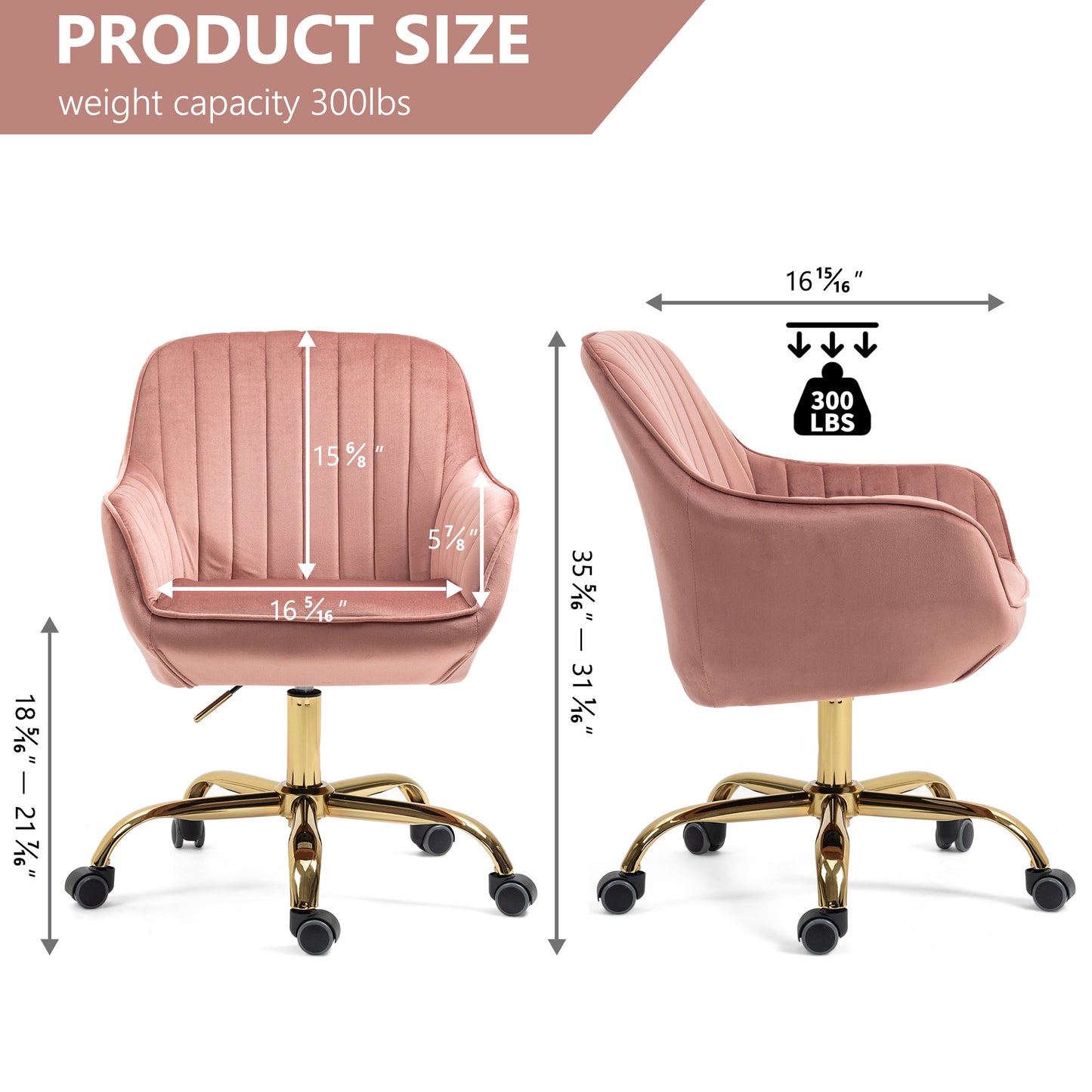 360° Pink Velvet Swivel Chair With High Back Adjustable Working Chair With Golden Color Base