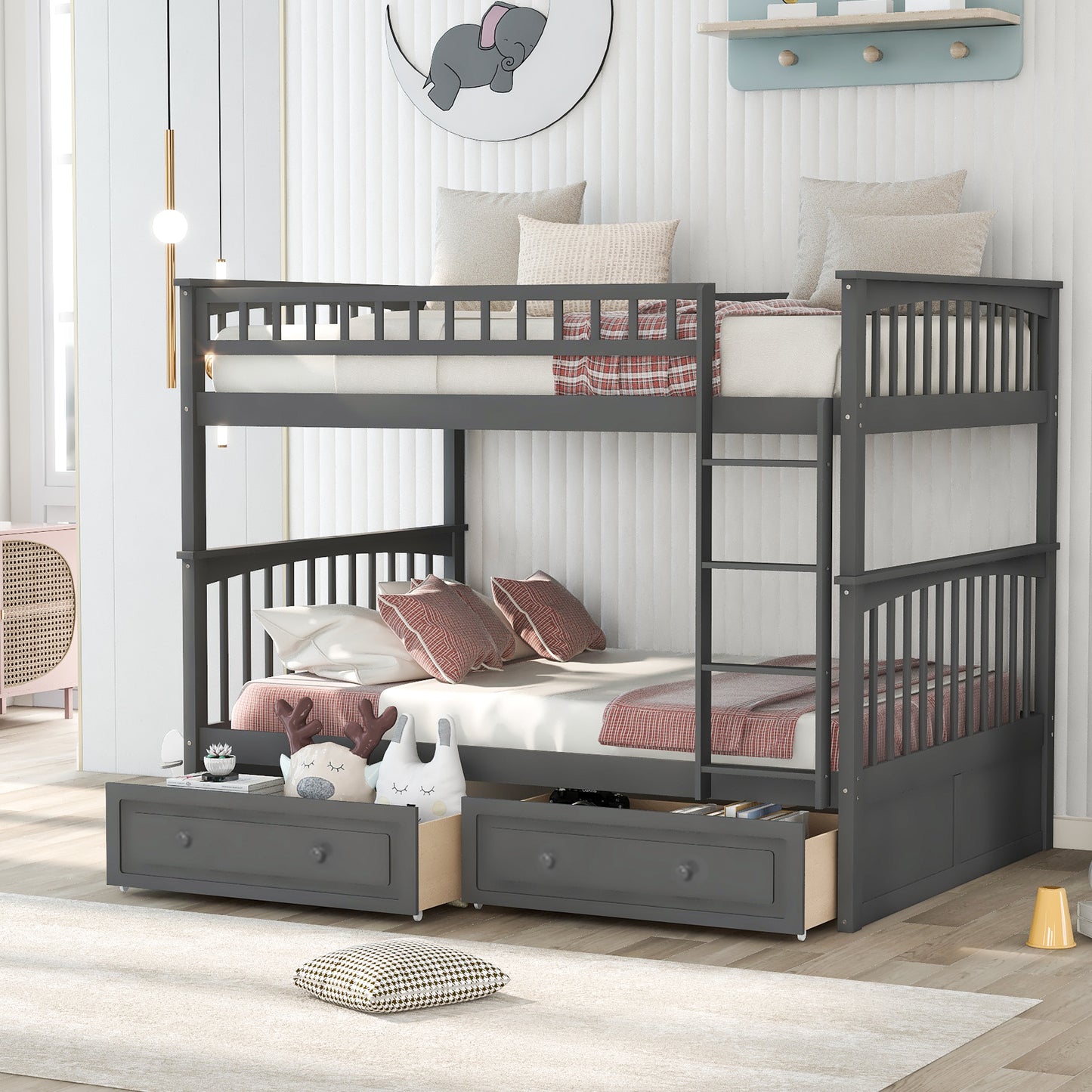 Full over Full Bunk Bed with Drawers, Convertible Beds  Gray