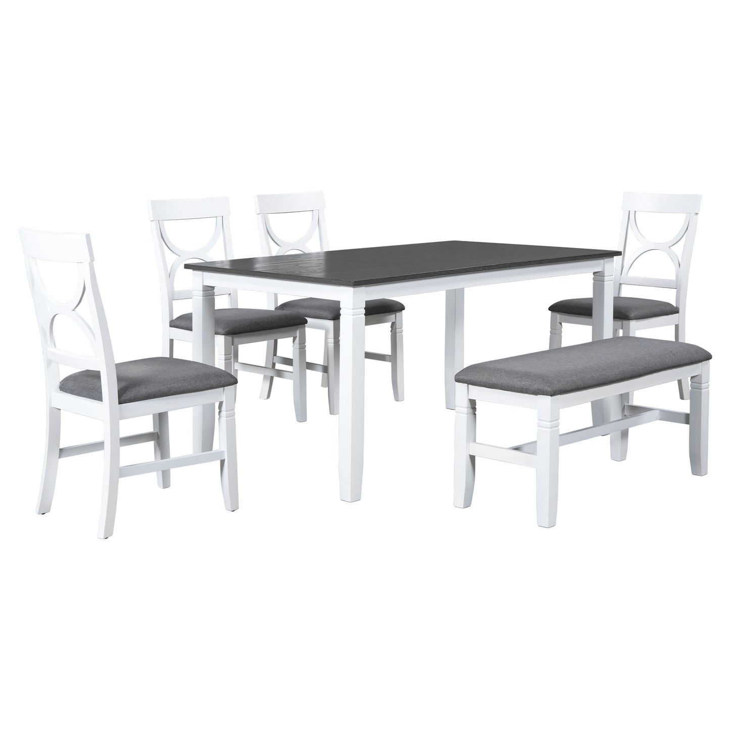 TOPMAX 6-Piece Wood Dining Table Set with Upholstered Bench and 4 Chairs, Farmhouse Style in Gray and White