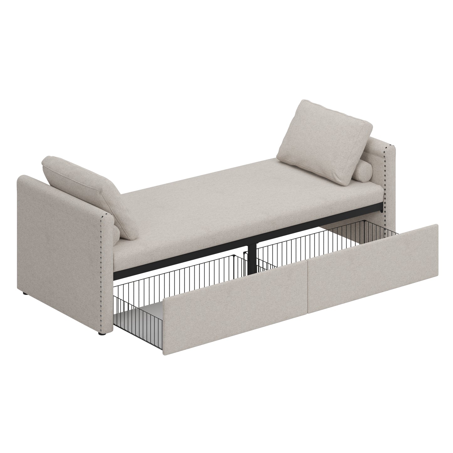 Modern Cushioned Lounge Chair Sofa Bed with 2 Drawers, Linen Fabric in Beige