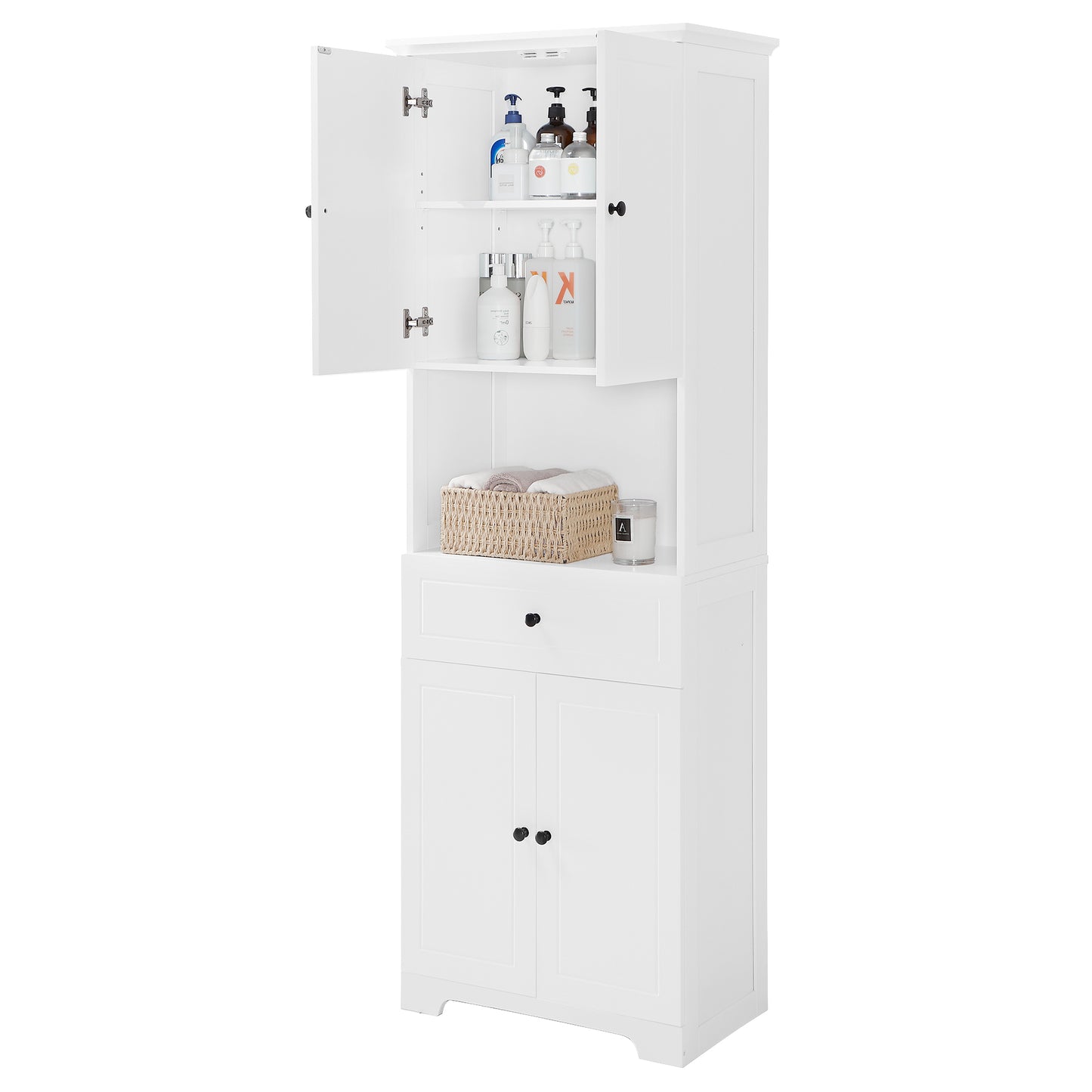 Tall Bathroom Cabinet with Four Doors, Large Storage Space Open Shelve, Upper Storage Cabinet, Whit