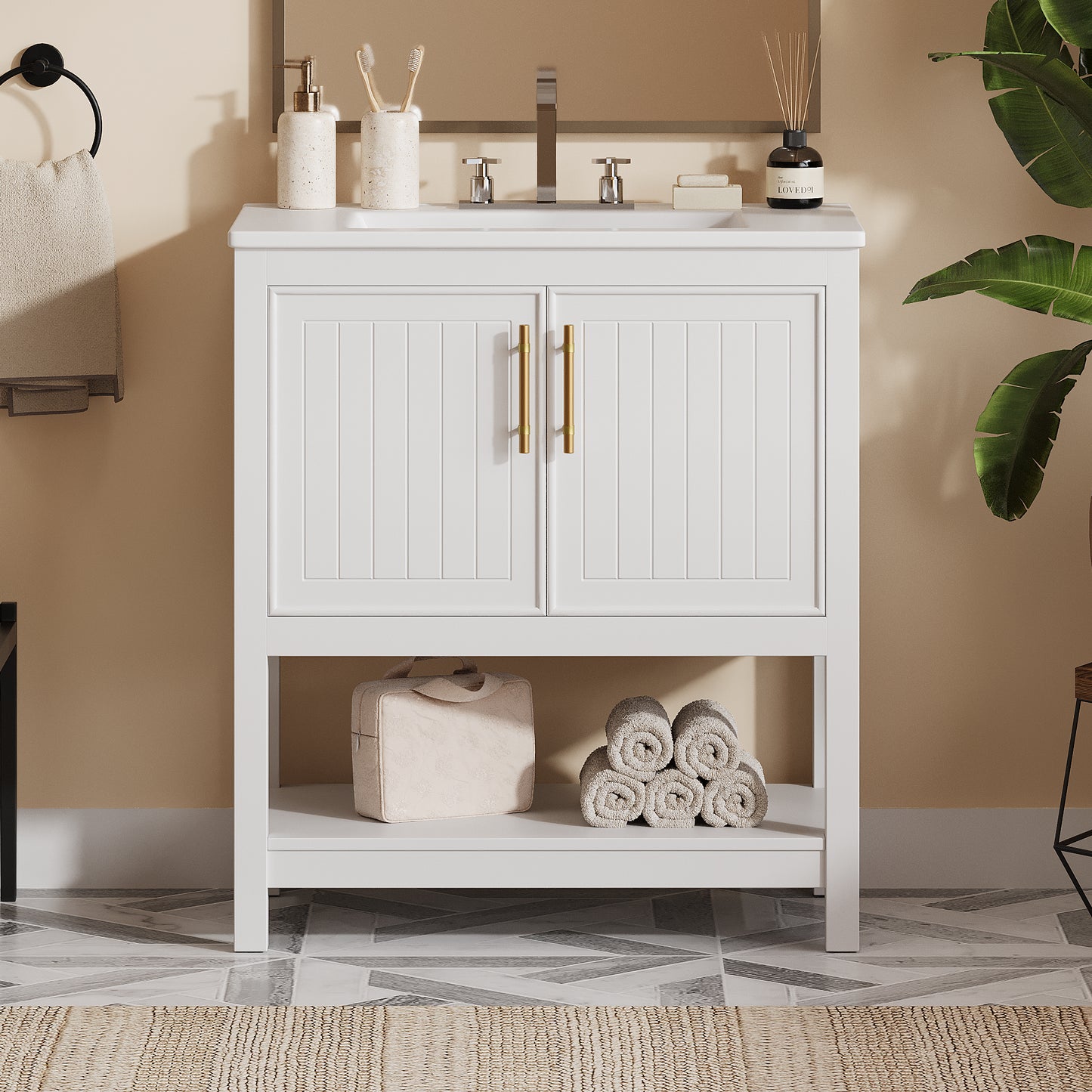 30-Inch White Bathroom Vanity with Ceramic Sink and Versatile Storage - Ideal for Small Bathrooms