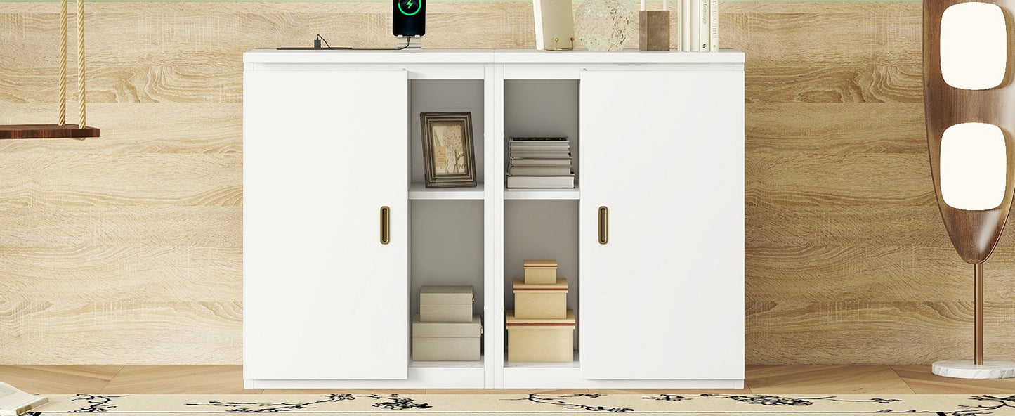 Full Size Murphy Bed with Shelves, Cabinets, and USB Ports, Space-Saving Design in White Finish