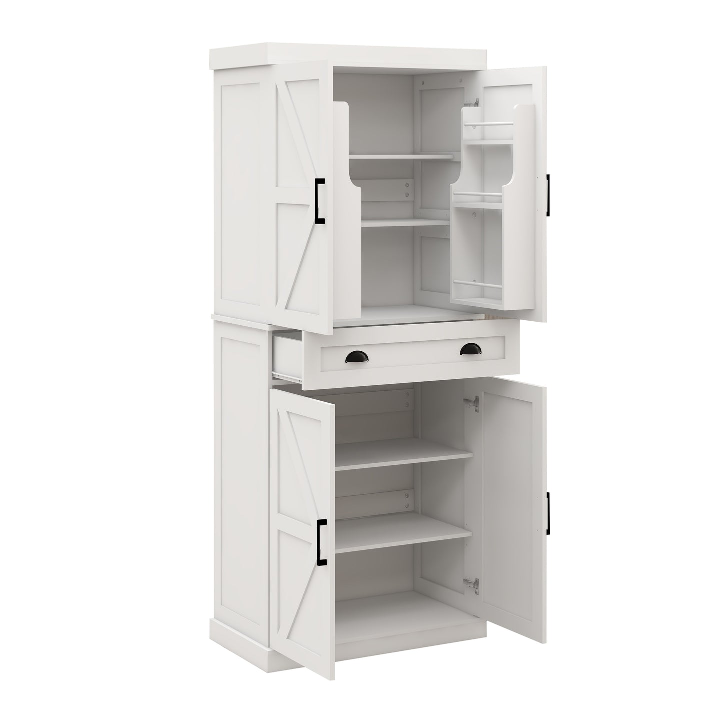 Kitchen Pantry Storage Cabinet with 4 Doors(2Doors with Racks)1 Drawer 2 Adjustable Shelves Freestanding Cupboard