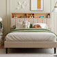 Full Size Upholstered Platform Bed with Storage Headboard and USB Port, Linen Fabric in Beige