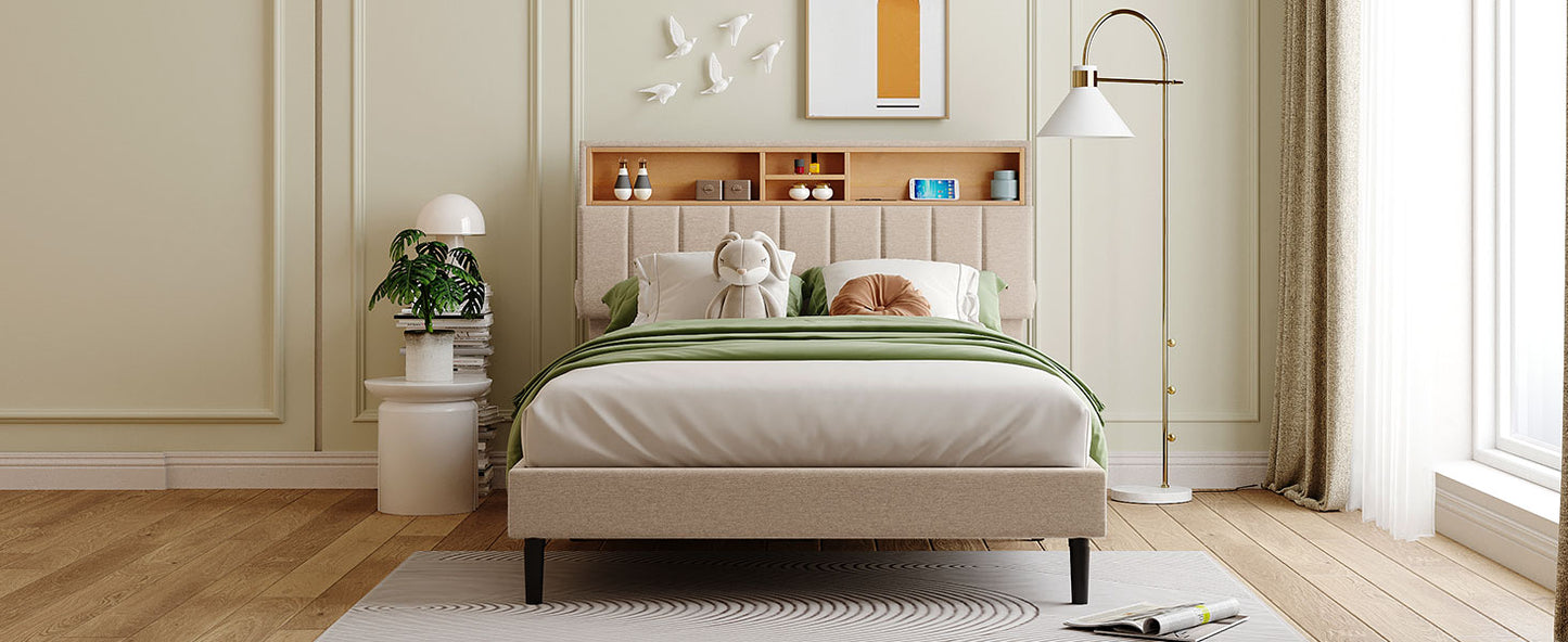 Full Size Upholstered Platform Bed with Storage Headboard and USB Port, Linen Fabric in Beige