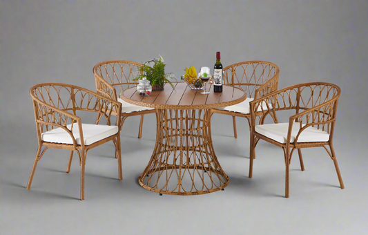 Outdoor Dining Set of 5, Simple Bamboo Table with PE Rattan Round Top, 110cm, Perfect for Patios