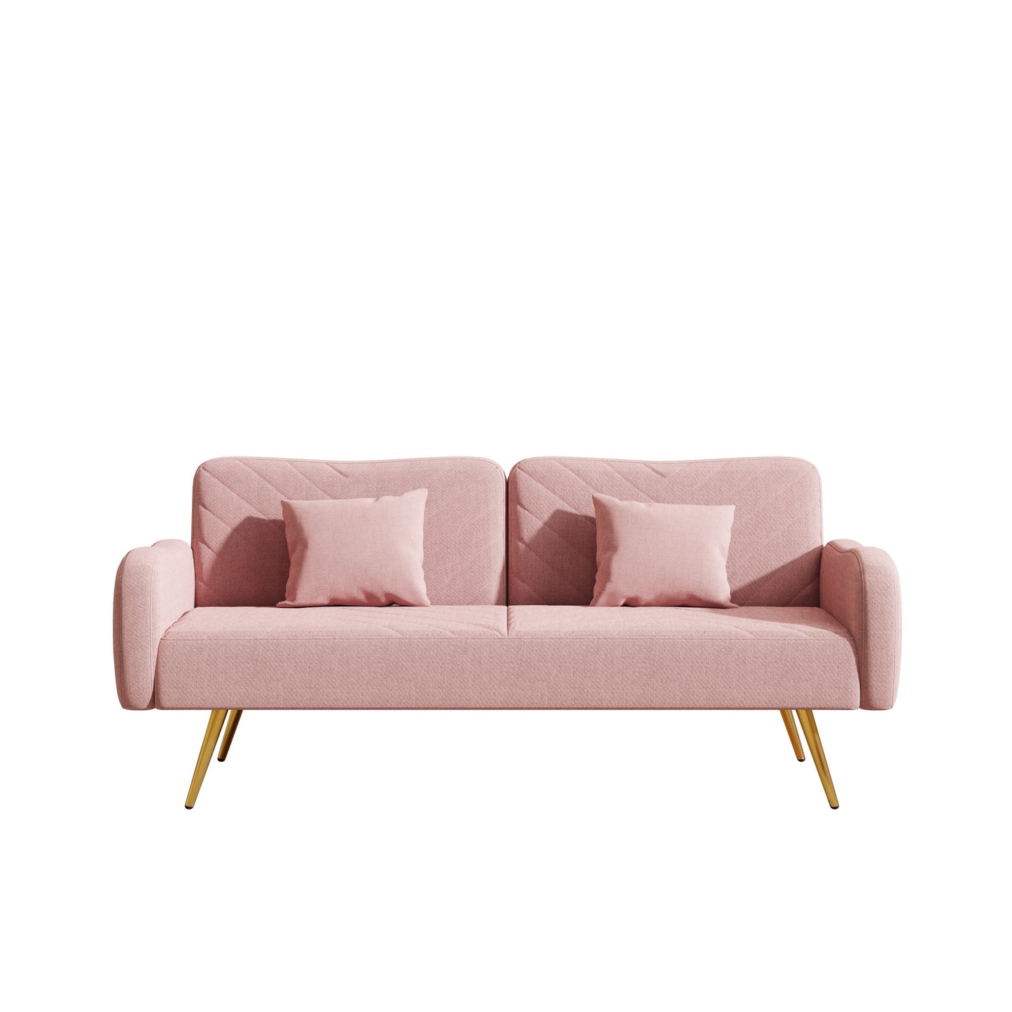 Pink Fabric Double Sofa with Split Backrest and Two Throw Pillows