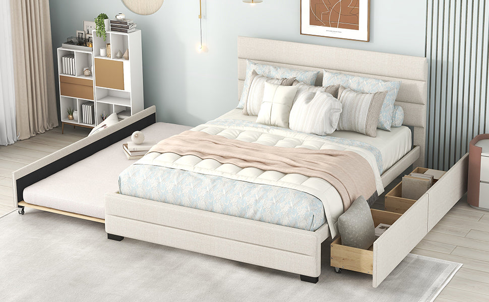 Queen Upholstered Platform Bed with Twin Size Trundle and Two Drawers  Beige