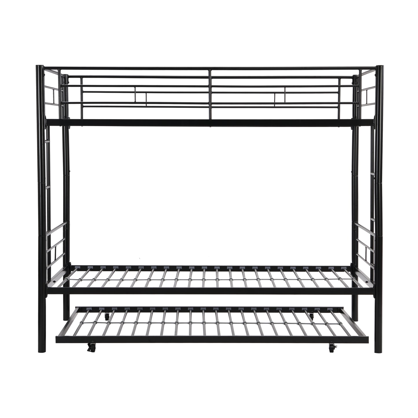 Twin bunk bed frame with trailer, metal bunk bed with sturdy guardrail and side ladder, can be divided into two beds, black