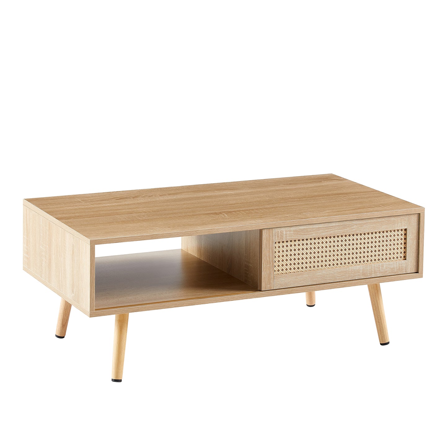 Rattan Coffee table sliding door for storage solid wood legs Modern table for living room natural