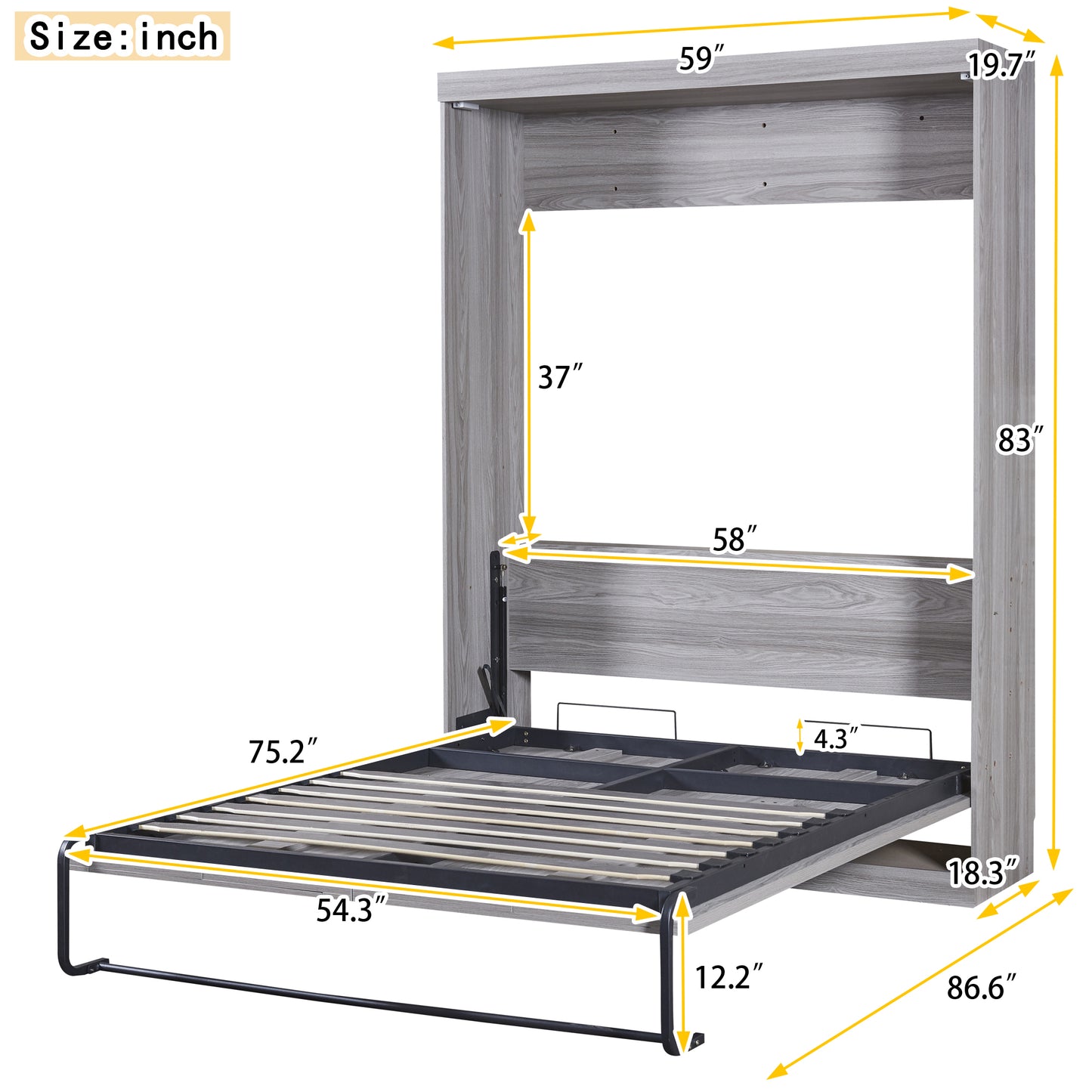 Cama plegable tamaño completo con compartimentos para guardar cosas y acabado gris para espacios reducidos