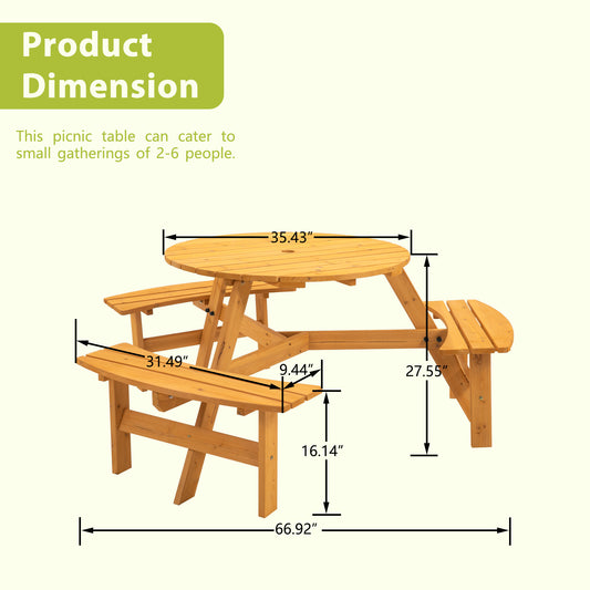 6-Person Circular Outdoor Wooden Picnic Table for Patio, Backyard, Garden, DIY w/ 3 Built-in Benches, 1720lb Capacity - Natural