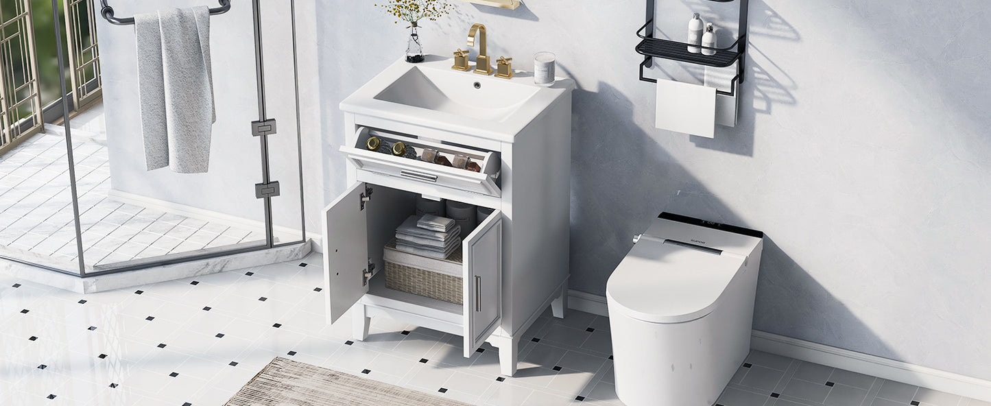 24" Bathroom Vanity with Sink, Solid Wood and MDF Cabinet with One Flip Drawer and Doors, White