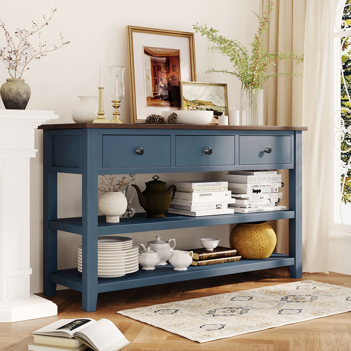 Retro Design Console Table with Two Open Shelves, Pine Solid Wood Frame and Legs for Living Room (Antique Navy+Espresso)