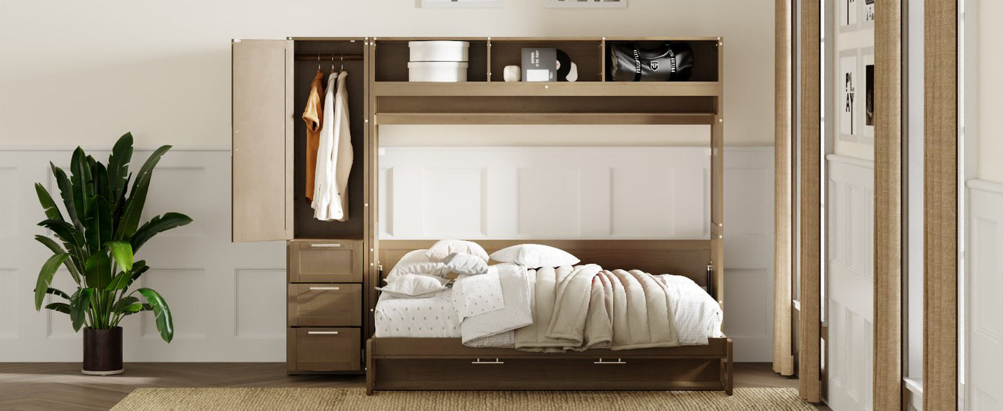 Full Size Murphy Bed with Wardrobe, Drawers, and Open Shelves, Antique Grey Finish for Functional Bedrooms